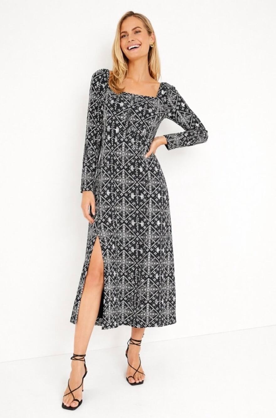 Tuckernuck Hyacinth House Sabrina Square Neck Midi Dress Black White Large